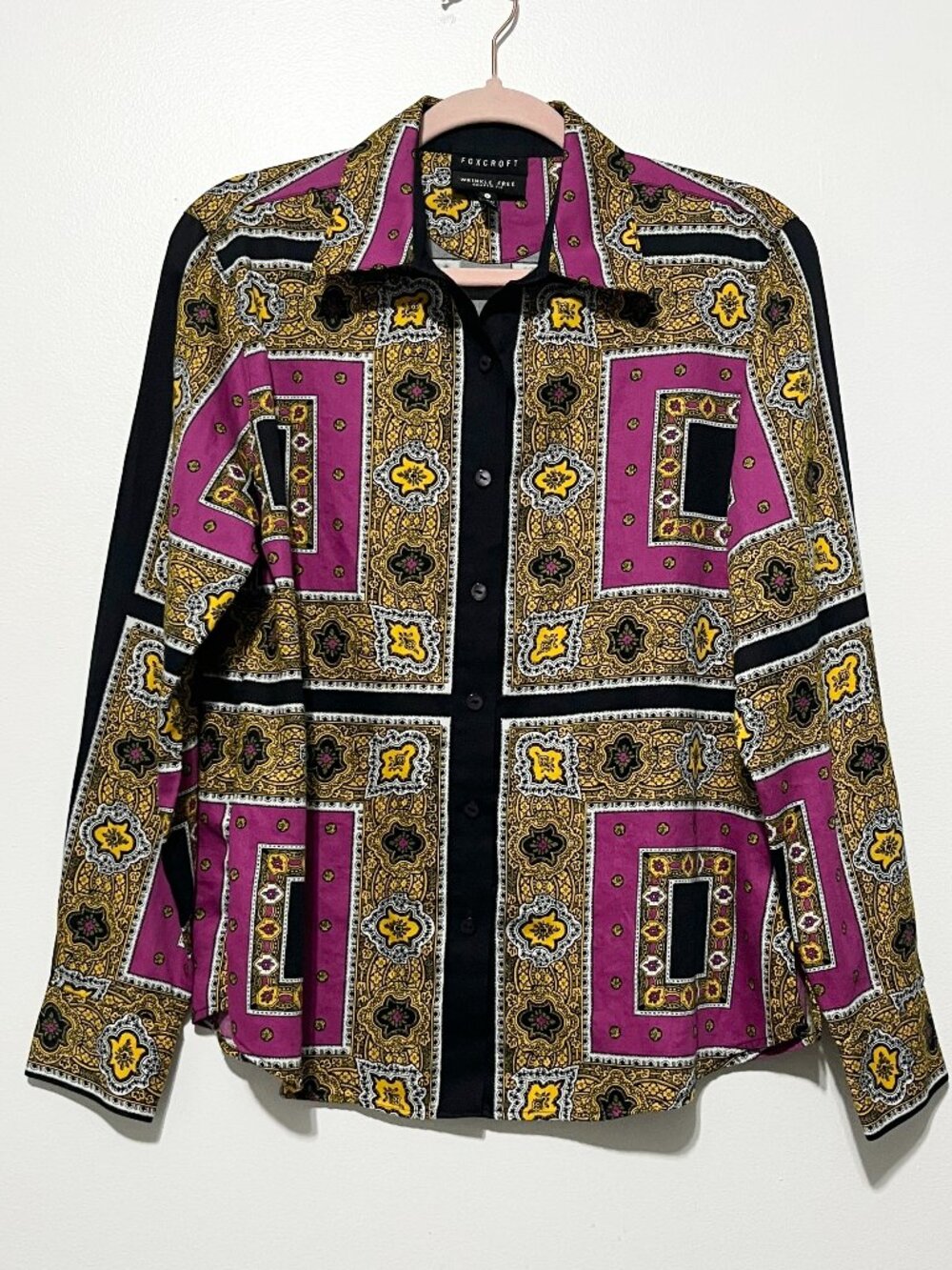 Foxcroft Womens Wrinkle Free Shaped Fit Button Up Shirt 6 Printed Professional